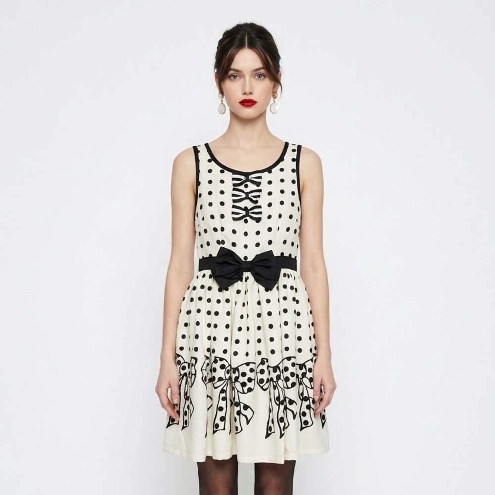 Bodyline Ivory Black Polka Dot Bow Dress Coquette Lolita Twee Cosplay Mini XS